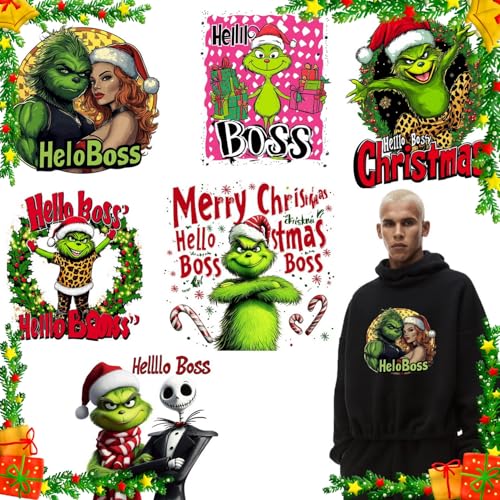 6 Bögen Weihnachts-Bügelbilder, Hello Boss Weihnachts-Wärmetransfers, Vinyl, mit grünen Monster-Designs, Weihnachtsaufkleber für T-Shirts, niedliche HTV-Aufkleber zum Aufbügeln für Hoodie, Kissen, von FUKIDOG