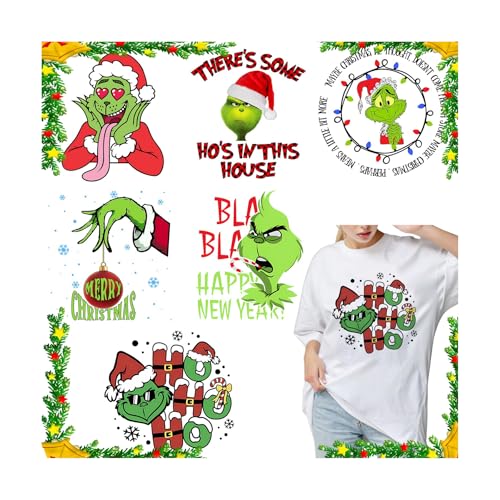 6 Stück Weihnachten Bügelbilder Winter Xmas Weihnachten Bügelbilder Niedliche Cartoon-Aufkleber HTV-Wärmeübertragung für T-Shirts Hoodie DIY Handwerk von FUKIDOG