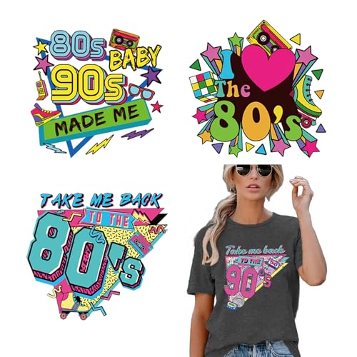 Aufnäher zum Aufbügeln für T-Shirts, bunte Wärmeübertragungsaufkleber, Motiv: Take Me Back to The 80er / 90er Jahre, 4 Bögen von FUKIDOG