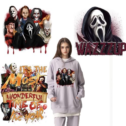 Halloween-Wärmetransfer-Flicken zum Aufbügeln, 3 Bögen, Horror-Film, Vinyl-Wärmeübertragung mit Geistergesichts-Designs, Ron auf Aufklebern für T-Shirt, Kleidung, Tasche, DIY-Dekorationen von FUKIDOG