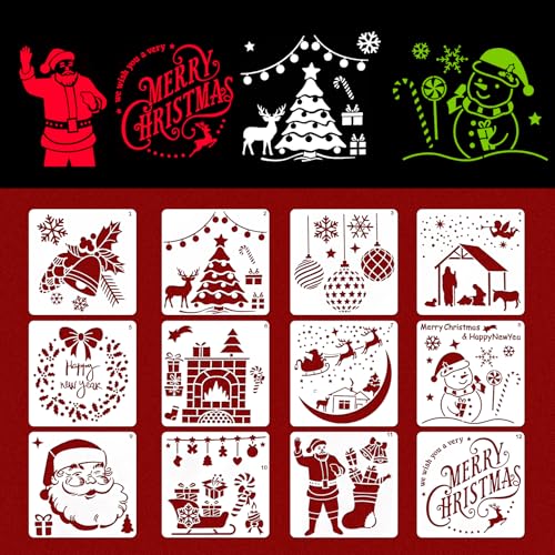 12 Stück Schablonen Weihnachten Set, FUKPO Stencil Schablonen Malschablonen Weihnachten Schneespray Fenster Kinder Erwachsene, Weihnachtsschablonen Schablone Frohe Zeichenschablonen Weihnachts von FUKPO