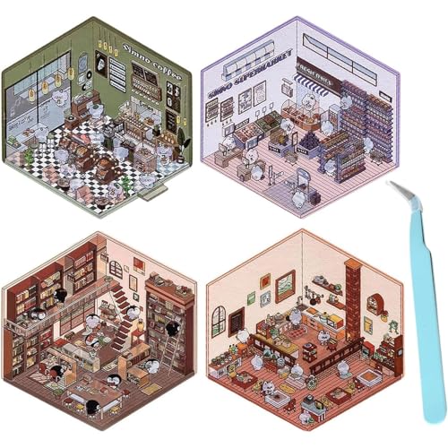 4 Sets DIY 3D Hausaufkleber, ruhiges Buch, Geschäft|Restaurant|Buchhandlung, lustige süße koreanische Cartoon-Szenenaufkleber für erwachsene Kinder zum Stressabbau und Zeitvertreib (4PC-A) von FUMIOS