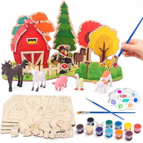 FUNCREVITY Holz Bauernhof Bastelset, DIY Holztiere Holzfiguren zum Bemalen Bastelset Kinder 3 Jahre mit Mini Kunststoff Bauernhof Tierfiguren Bauernhof Spielzeug Geschenke für Kinder Jungen Mädchen von FUNCREVITY