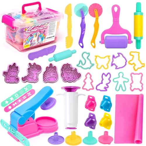 FUNCREVITY Knetwerkzeug Kinder, Knete Zubehör mit Knetunterlage Aufbewahrungsbox Knete Set Modellierwerkzeug Küchenspielzeug 33 Stück Knetmasse Werkzeuge Teig Spielzeug Geschenk für Jungen Mädchen von FUNCREVITY