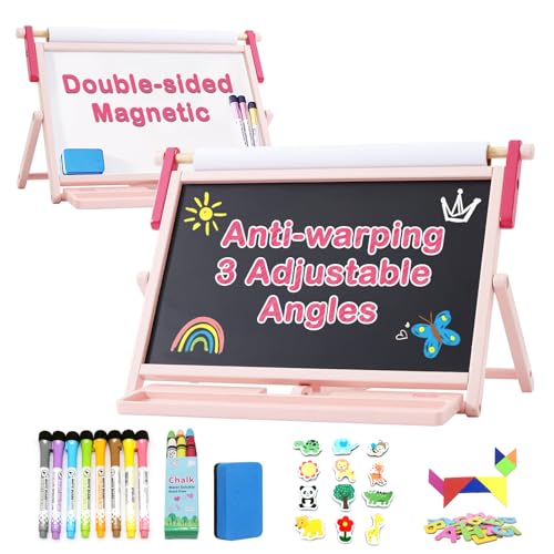 FUNLIO Anti-Verwerfung Tischstaffelei für Kinder ab 3 Jahren (100+ Teile), Holz-Doppelseitige Magnet-Staffelei mit 3 verstellbaren Winkeln, Tafel, Whiteboard & Papierrolle, klappbar – Rosa von FUNLIO