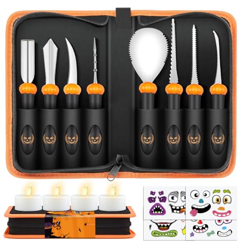 FUNNYB&G Halloween Kürbis Schnitzset zum Aushöhlen von Kürbissen, Halloween Kürbis Carving Kit Professionelle Hochleistungs mit Tragetasche, Aufkleber für Halloween Kürbis Deko von FUNNYB&G