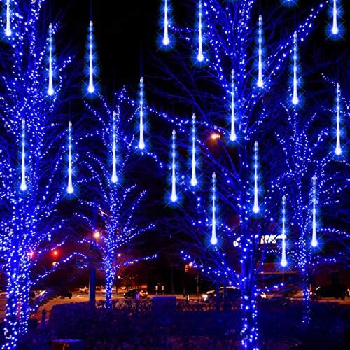 FUNPENY Meteorschauer-Regenlichter, 864 LED-Weihnachtslichter, Eiszapfen, Schnee, fallende Weihnachtslichter, Outdoor-Regentropfenlichter, 30 cm, 24 Röhren, Weihnachtsbaum-Dekoration (blau) von FUNPENY