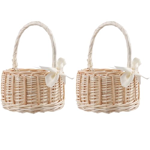 FUNSUEI 2 Stück Blumenkorb Hochzeit mit Schleife, 15 x 19 cm Blumenkörbe Blumenmädchen Korb, Klein Rattan Geflochtener Blumenkorb mit Henkel für Deko, Hochzeit von FUNSUEI