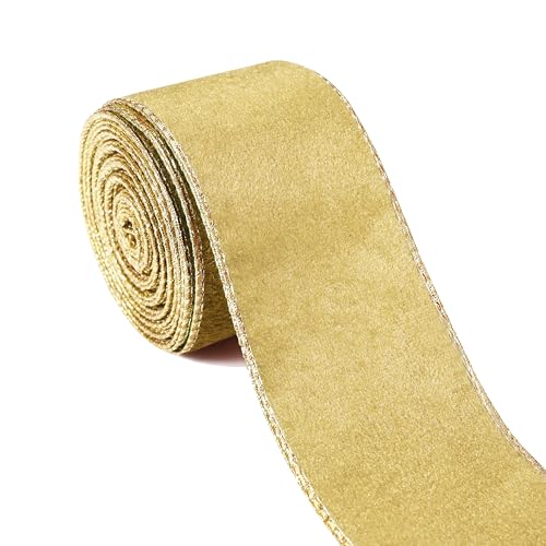 Khaki-Samtband, 6,3 cm x 9,1 m, metallisches Khaki-Gold, Drahtband, Weihnachtsband für Bastelarbeiten, Geschenkverpackungen, Weihnachtsbaumschleifen, Kranzdekorationen von FUNTE