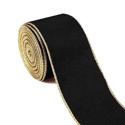 Schwarzes Samtband, 6,3 cm x 9,1 m, Metallic-Schwarz-Gold, Drahtband, Weihnachtsband für Bastelarbeiten, Geschenkverpackungen, Weihnachtsbaumschleifen, Kranzdekorationen von FUNTE