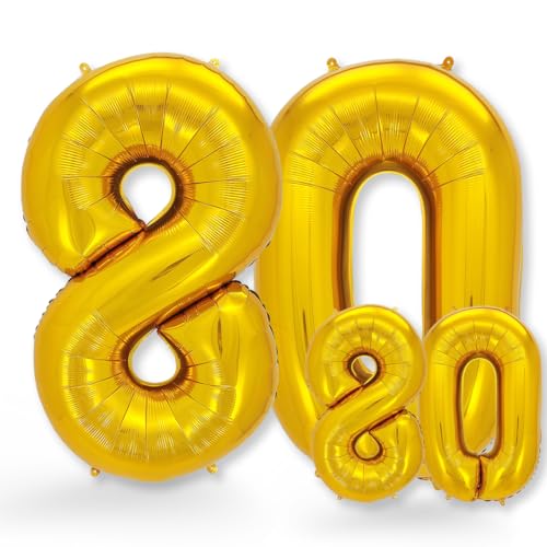 FUNXGO® folienballon 80 gold - 2 Stück -100cm & 38cm- Luftballon Zahl 80-80.geburtstag - Ballon 80 Deko zum Geburtstag, Hochzeit, Jubiläum oder Fest, Party - Ballon 80 gold von FUNXGO