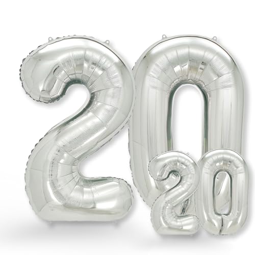 FUNXGO folienballon 20 Silber set - 2 Stück -100 & 38cm- luftballons Zahlen 20-20 Geburtstag - XXL Riesenzahl Geburtstagsdeko Set luftballon 20 silber ballon 20 von FUNXGO