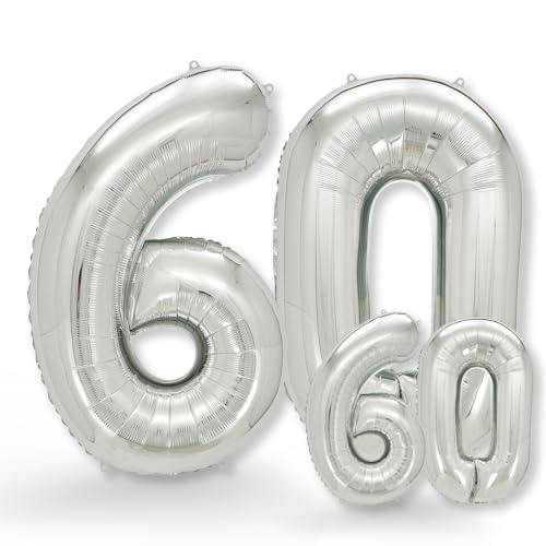 FUNXGO folienballon 60 Silber set - 2 Stück -100 & 38cm- luftballons Zahlen 60-60 Geburtstag - XXL Riesenzahl Geburtstagsdeko Set luftballon 60 silber ballon 60 von FUNXGO