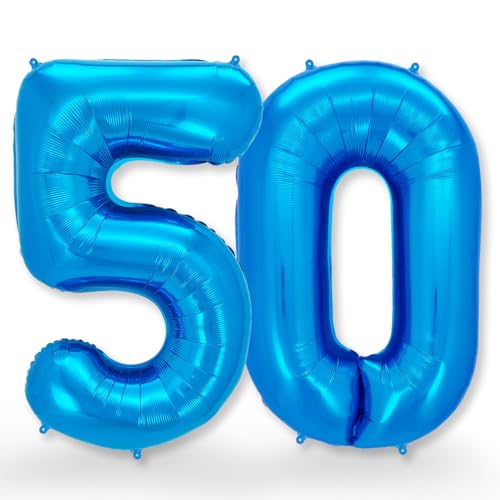 FUNXGO Folien-Ballon 50, Helium-Ballon, Luftballon-Zahl, nachfüllbare Riesen-Ballonzahl, Party-Deko zum 50. Geburtstag, Jubiläum, Hochzeit, blau von FUNXGO