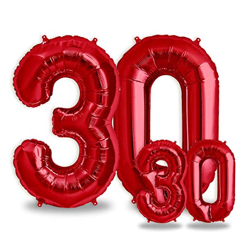 FUNXGO® folienballon 30 rot - 2 Stück - 42" & 17"- luftballon zahl 30 - Zahlen rot Ballon 30 Deko zum Geburtstag, Hochzeit, Jubiläum oder Fest, Party Dekoration -100cm & 38cm- ballon rot 30 von FUNXGO