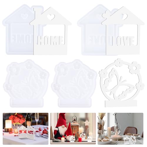 FUONCEDE 4 Stück Silikonform, Silikonformen Gießformen Häuser 2PCS (HOME+LOVE) Butterfly Wreath 2PCS Silikon Gießform, für Sojawachs Kerzen, Seife, Gips, Epoxidharz, Handwerk von FUONCEDE