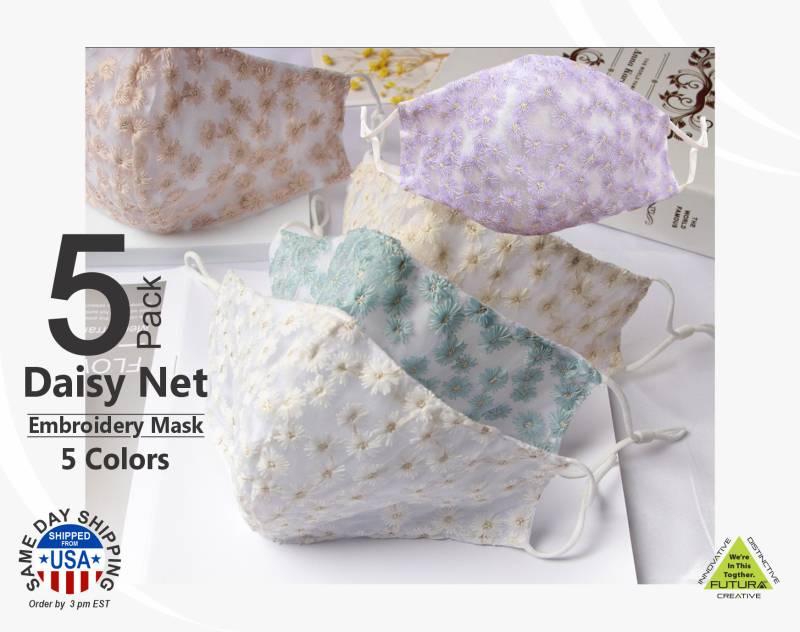 5 Color Pack Daisy Net Embroidery Multi-style-Mesh Waschbare Baumwoll-Gesichtsmaske von FUTURASUBLIMATION