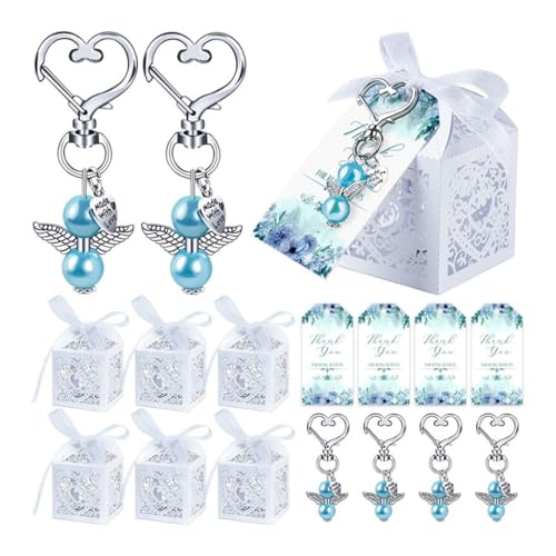 FUXIU 144 Stück Engel Schlüsselanhänger mit Taufgeschenkboxen Kraftpapier Legierung Schlüssel Ringe Anhänger Hochzeit Gastgeschenk für Tasche, blau, As detailed discription von FUXIU