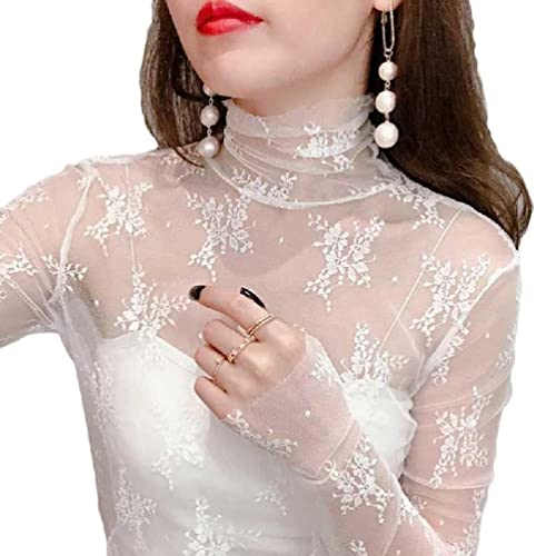 FUZYXIH Langärmliges Damen T Shirt Mit Netzstoff Koreanischer Stil Elegante Stickerei Florale Spitze Stehkragen Transparente T Shirts Langärmlige Hemden Für Damen Schmal Geschnitten von FUZYXIH