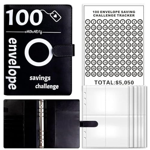 Money Saving Binder Cash Binder 100-Tage-Spar-Challenge-Buchbinder, Paar-Challenge-Event-Notizblock-Ordner mit Geldumschlägen(Black) von FVCTGHZ