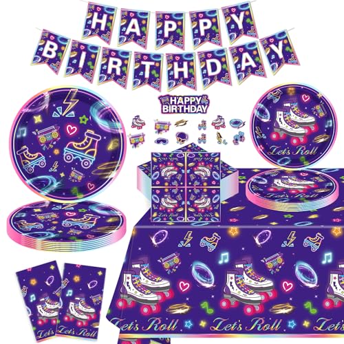 136 Stück Rollschuh-Partyzubehör Let's Roll Birthday Supplies Rollschuh-Partygeschirr und Banner Set für Roll-Themen-Skating Party-Dekorationen für 40 von FVEOCR