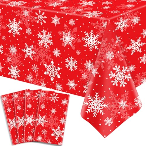 4PCS Weihnachten rote Schneeflocke Tischtuch Schneeflocke Xmas Party Tischdecke Schneeflocke Tischtuch Weihnachten Tischdekorationen Winterurlaub Party Supply 51X86IN von FVEOCR