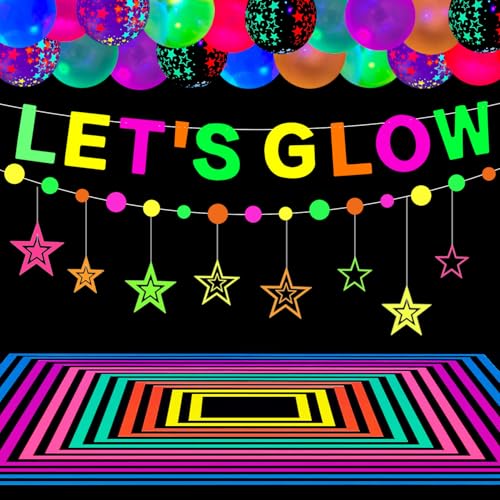 53 Pack Neon Glow Birthday Party Supplies UV Party Glow Sticks Party Set Wedding Glow Party Dekorationen - LET'S GLOW Flag, Star und Triangle Flag, Light-up Ballons und Klebeband für Neon Party Zubehö von FVEOCR