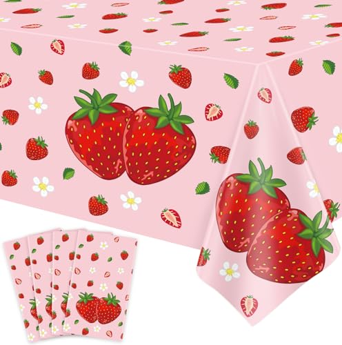 FVEOCR 4 Pack rosa Erdbeere Tischtuch Erdbeere Geburtstag Dekorationen Berry Sweet Eine Tabelle deckt für Erdbeer-Party Dekoration Berry Sweet Baby Dusche Party Supplies 51X86IN von FVEOCR