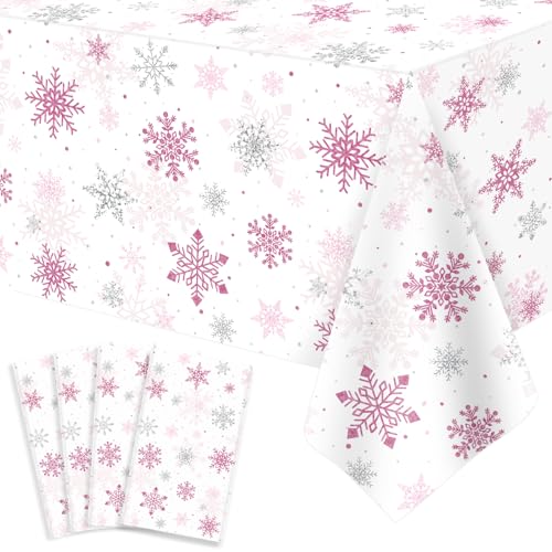 FVEOCR 4PCS Weihnachten Rosa Schneeflocke Tischtuch Schneeflocke Xmas Party Schneeflocke Tischtuch Weihnachten Tischdekorationen Winterurlaub Party Versorgung 51X86IN von FVEOCR