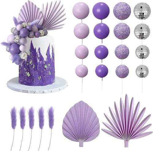 Boho Blume Kuchen Topper,15 Stück Discokugel Tortendeko Lila Kugeln Kuchen Dekoration,Palmblätter Kuchendekoration,Cupcake Topper Für Baby Shower Mädchen Geburtsta von FVGYITG