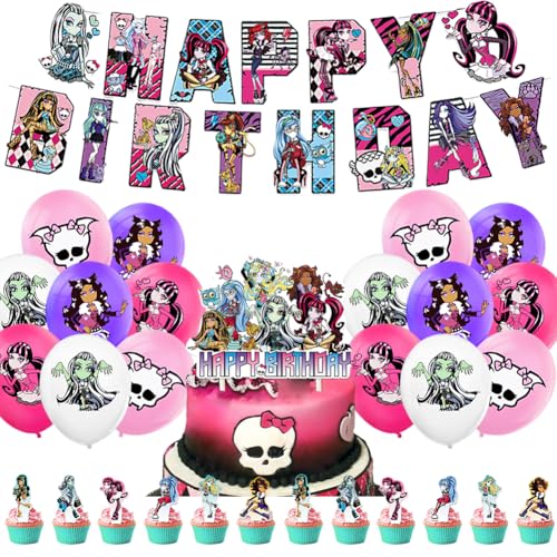 FVGYITG 30 Stück Monster Party Dekoration,Monster Geburtstagsdeko Luftballons Monster Girl Party Dekorationen Kuchen Topper Happy Birthday Banner Monster Schule Deko Für Kinder Geburtstag Party von FVGYITG