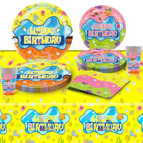 FVGYITG 51 Stück Sponge Gebutstag Deko Partygeschirr,Cartoon Seestern Geschirr Kit Party Supplies Cartoon Kinder Geburtstag Dekoration Teller Becher Servietten Tischdecke Für Partyzubehör 10 Gäste von FVGYITG