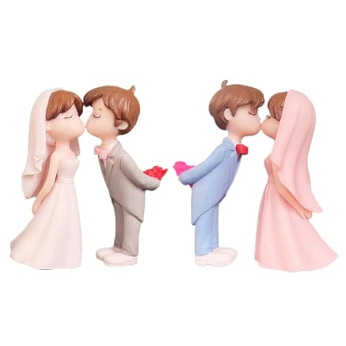 2 Paare Tortenfigur Hochzeitstorte, Süße Cartoon-Paare, Action-Figur, Hochzeit Kuchen Topper, Auto Armaturenbrett Ornament, Süße Cartoon-Paare Action-Figur, Niedliche Kuss-Paar-Puppen-Ornamente von FWANGEN