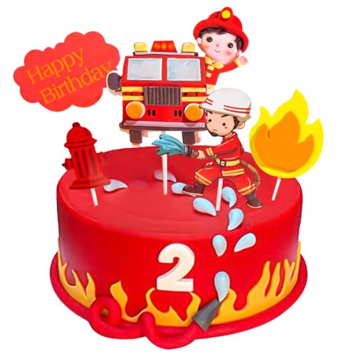 Feuerwehrmann Tortendeko, Feuerwehrauto Cake Topper Happy Birthday Kindergeburtstag Torte Deko, Feuerwehrmann Geburtstag Party Dekorationen für Kinder von FWANGEN