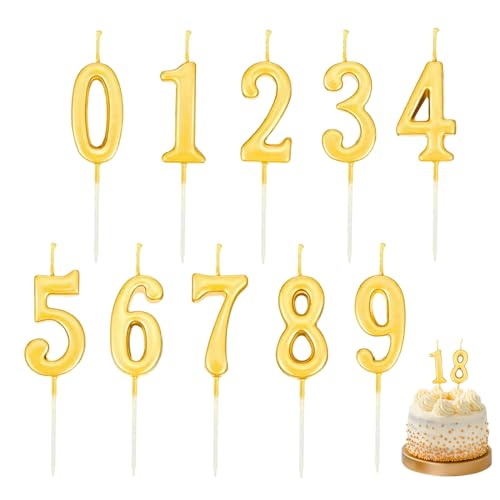 10 Stück Zahl Kerzen,Geburtstag Zahl Kerzen,0-9 Geburtstag Ziffer Kuchen Kerzen,für Geburtstagsdeko,Kuchendeko,Jahrestag Partys,Feier Abschluss (Golden) von FWHFNB