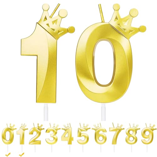 Geburtstagskerzen Zahlen 10,Gold Geburtstag Kerzen mit Krone,3D Tortendeko,Geburtstagskerze Kuchendeko für Geburtstag Party,Jubiläum,Hochzeitstag (Gold, 10) von FWHFNB