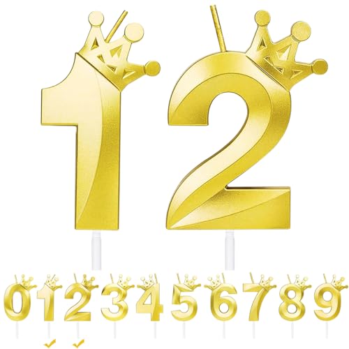 Geburtstagskerzen Zahlen 12,Gold Geburtstag Kerzen mit Krone,3D Tortendeko,Geburtstagskerze Kuchendeko für Geburtstag Party,Jubiläum,Hochzeitstag (Gold, 12) von FWHFNB