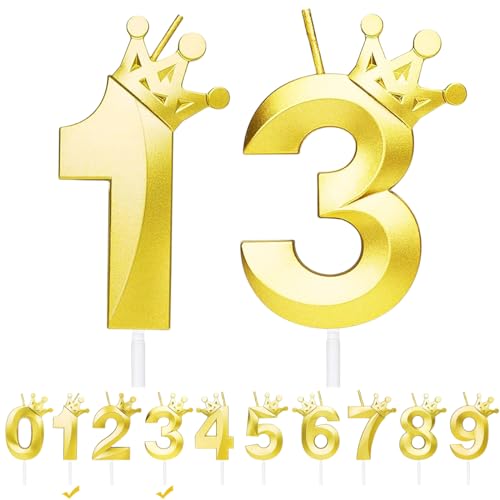 Geburtstagskerzen Zahlen 13,Gold Geburtstag Kerzen mit Krone,3D Tortendeko,Geburtstagskerze Kuchendeko für Geburtstag Party,Jubiläum,Hochzeitstag (Gold, 13) von FWHFNB