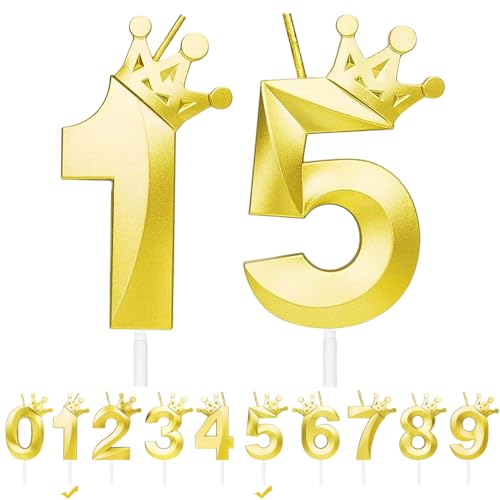 Geburtstagskerzen Zahlen 15,Gold Geburtstag Kerzen mit Krone,3D Tortendeko,Geburtstagskerze Kuchendeko für Geburtstag Party,Jubiläum,Hochzeitstag (Gold, 15) von FWHFNB