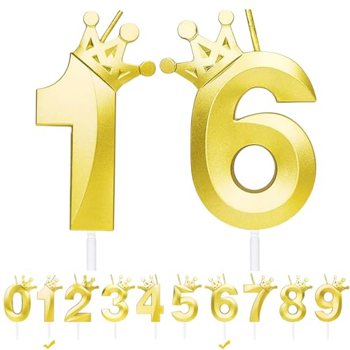 Geburtstagskerzen Zahlen 16,Gold Geburtstag Kerzen mit Krone,3D Tortendeko,Geburtstagskerze Kuchendeko für Geburtstag Party,Jubiläum,Hochzeitstag (Gold, 16) von FWHFNB