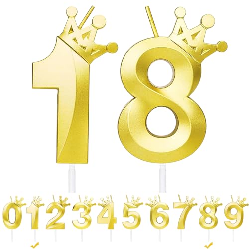 Geburtstagskerzen Zahlen 18,Gold Geburtstag Kerzen mit Krone,3D Tortendeko,Geburtstagskerze Kuchendeko für Geburtstag Party,Jubiläum,Hochzeitstag (Gold, 18) von FWHFNB