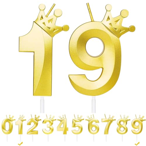 Geburtstagskerzen Zahlen 19,Gold Geburtstag Kerzen mit Krone,3D Tortendeko,Geburtstagskerze Kuchendeko für Geburtstag Party,Jubiläum,Hochzeitstag (Gold, 19) von FWHFNB