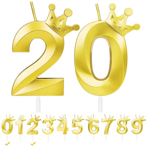 Geburtstagskerzen Zahlen 20,Gold Geburtstag Kerzen mit Krone,3D Tortendeko,Geburtstagskerze Kuchendeko für Geburtstag Party,Jubiläum,Hochzeitstag (Gold, 20) von FWHFNB