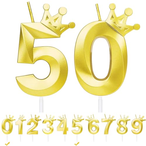 Geburtstagskerzen Zahlen 50,Gold Geburtstag Kerzen mit Krone,3D Tortendeko,Geburtstagskerze Kuchendeko für Geburtstag Party,Jubiläum,Hochzeitstag (Gold, 50) von FWHFNB