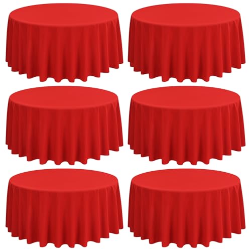 6 Stück 90 Zoll/229cm Runde Tischdecke Rote Polyester Tischdecke, Waschbare Stoff Fleck und Falten Beständige Tischdecke Runde Tischdecke Tischwäsche für Hochzeit Party Bankett Buffet von FXKS