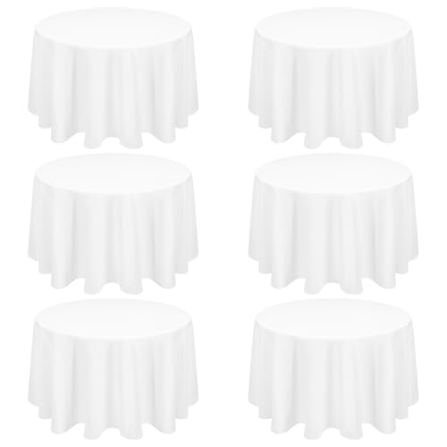 6 Stück177cm Runde Tischdecke Weiß Polyester Tischdecke, Waschbare Stoff Fleck und Falten Beständige Tischdecke Runde Tischdecke Tischwäsche für Hochzeit Party Bankett Buffet von FXKS