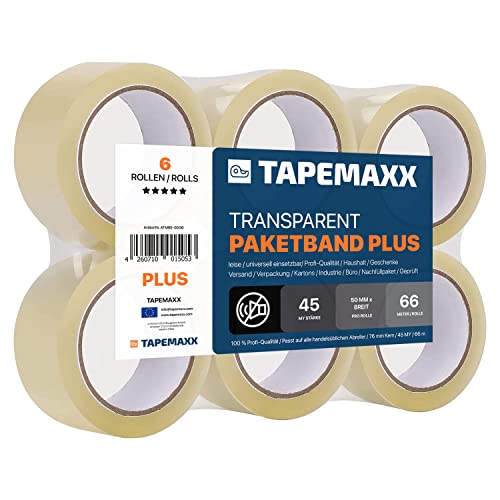 FYBR TAPEMAXX PLUS 6 Rollen starkes transparentes Paketklebeband leise Paketband Packband Packing Tape Klebeband Verpackungsband 48 mm x 66 m klar von FYBR