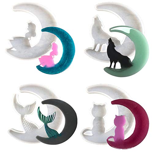 4 Stück Halbmond Form Silikonform Epoxidharz Set, Kreative Epoxidharz Formen Silikon Mond Wolf/Mond Katze/Mond Fee/Mond Fisch Schwanz Epoxy Gießformen Harzform Handgemachte DIY Crafts Form von FYBlossom