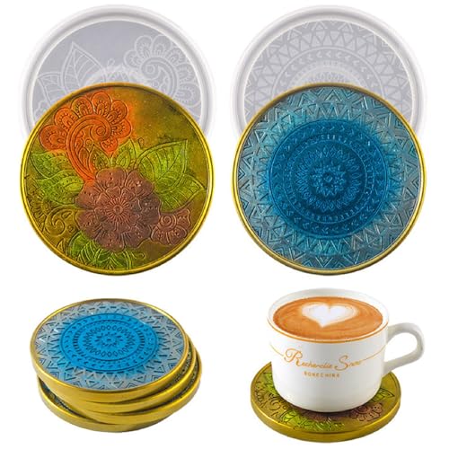 4 Stück Silikonform Tablett Epoxidharz Formen Untersetzer Set, Große Harz Tablettform DIY Mandala Untersetzer Silikonformen, Tablett Harzformen Untersetzer Gießformen Für DIY Basteln (Stil C) von FYBlossom