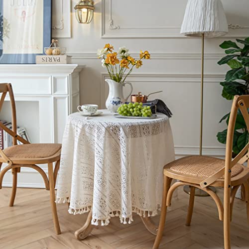 Rund Spitzen Tischdecke Weiß Spitzentischdecke Abwaschbar, Boho Spitze Elegantes Quaste Hochzeitstischdecke Aus Polyester, Runde Gehäkelter Tischdecken Für Hochzeit Party Bankett Dekoration von FYBlossom